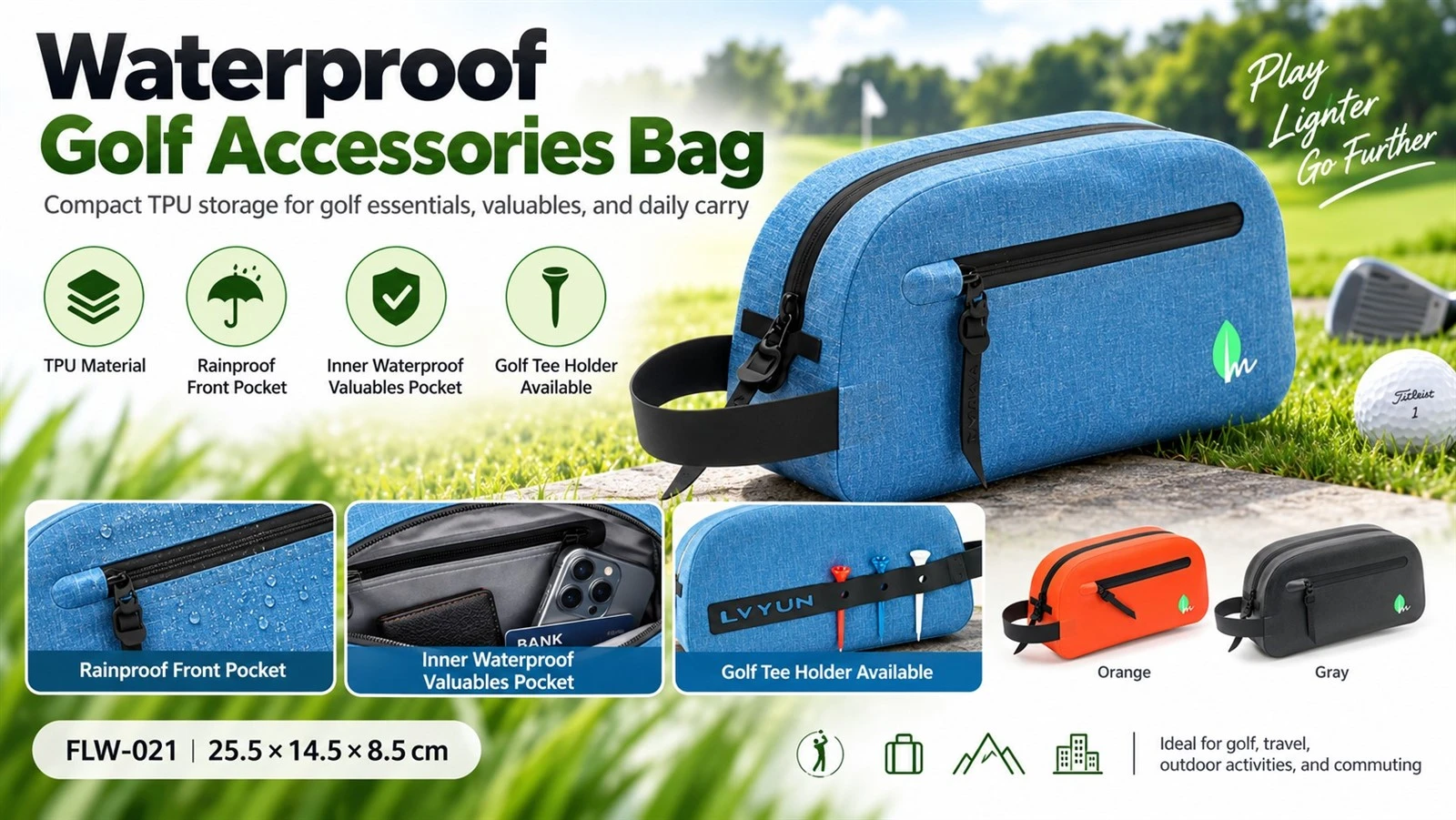 Waterproof golf accessories bag with TPU material, rainproof zipper pockets and golf tee holder Waterproof golf accessories bag with TPU material, rainproof zipper pockets and golf tee holder