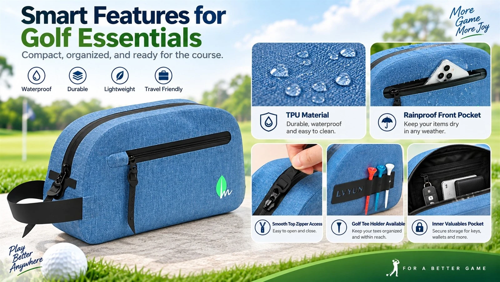 Waterproof golf accessories bag features including TPU material, zipper pockets, valuables storage and tee holder Waterproof golf accessories bag features including TPU material, zipper pockets, valuables storage and tee holder